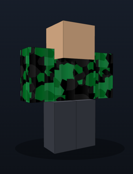 A green camo shirt designed in the app, shown on a 3D Roblox avatar